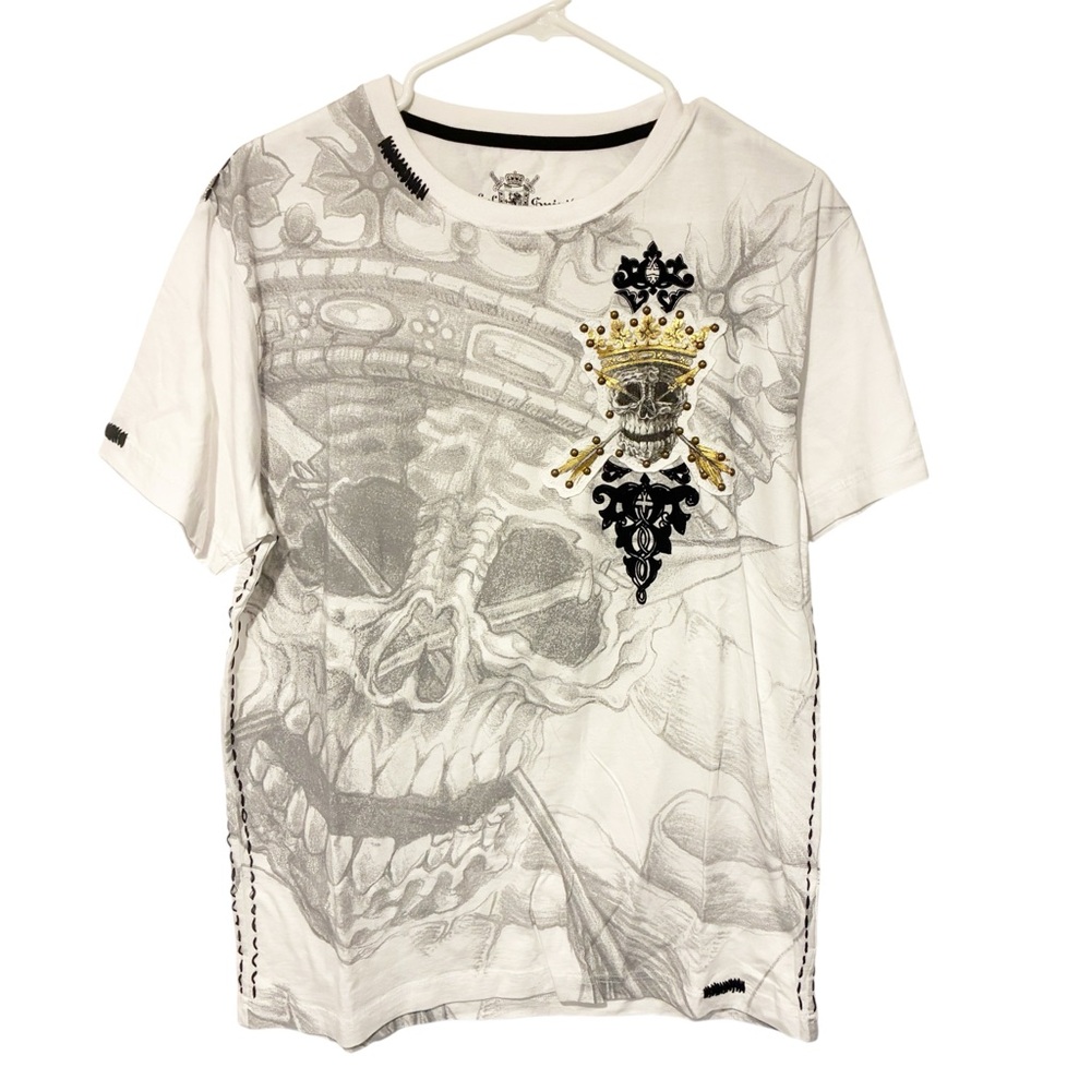 Rebel Spirit White Skull Gold Embellished Crown Crewneck Short Sleeve Size Large
